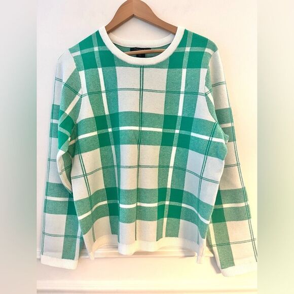 Tahari Christmas Plaid Green and White Holiday Soft Crewneck Sweater Size XL - Picture 1 of 10